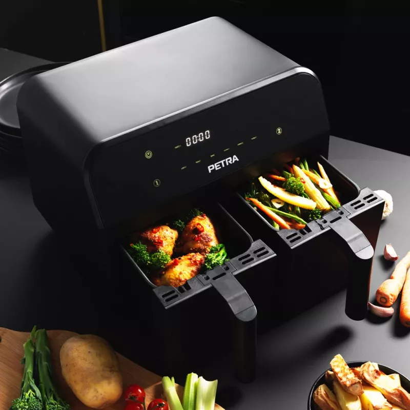 Heteluchtfriteuse Petra PT4750BLKVDEEU7, tweekamer, 3,7 L inhoud, zwart