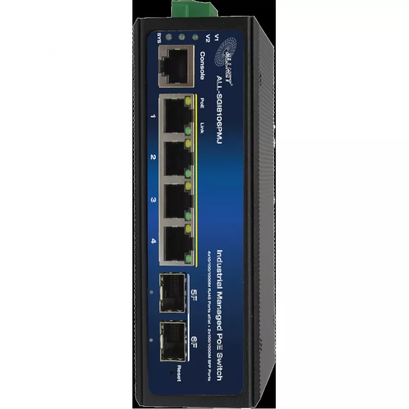 Industriële PoE switch ALLNET ALL-SGI8106PMJ-BT — 6-poorts (4 PoE+), robuuste metalen behuizing