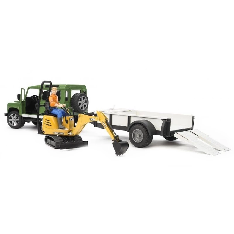 BRUDER Land Rover Defender met aanhanger CAT en man speelgoedvoertuig