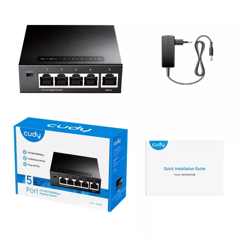 Netwerkswitch Cudy GS105 — 5-poorts gigabit-ethernet (10/100/1000), zwart, 5 V DC voeding inbegrepen