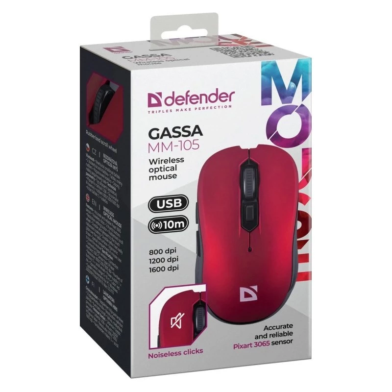 Draadloze RF stille muis DEFENDER Gassa MM-105 — dubbelhandig, 1600 DPI, 2,4 GHz, nano-USB-ontvanger