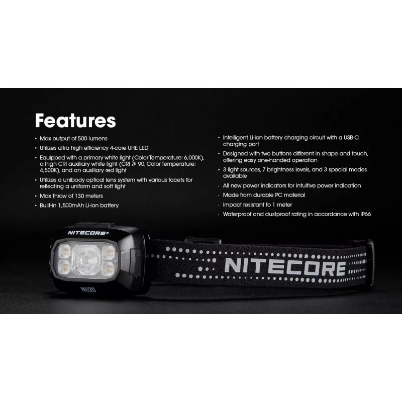 Hoofdlamp Nitecore NU30 — compacte, draagbare LED-hoofdlamp, tot 500 lumen, meerdere vermogensstanden, roodlichtmodus