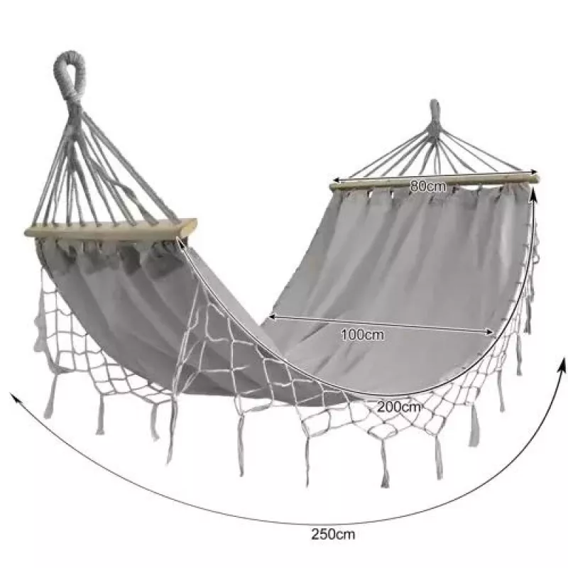 Black Forest hangmat, grijs met franjes, enkel 200x100cm met frame