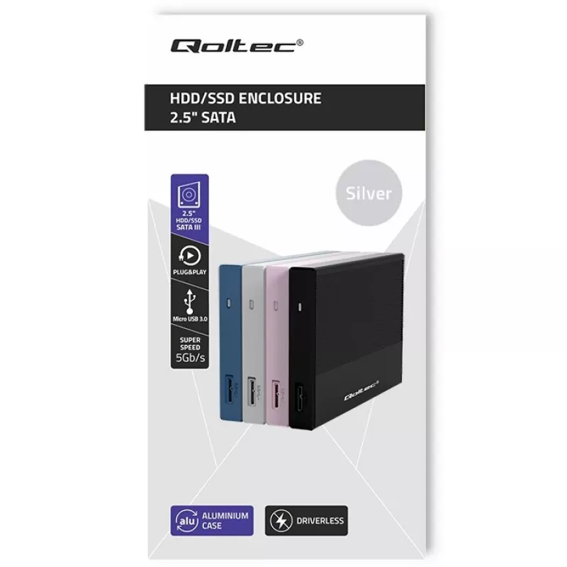 Behuizing voor 2,5-inch SATA-SSD/HDD QOLTEC 52278 USB 3.0, ondersteunt tot 2 TB