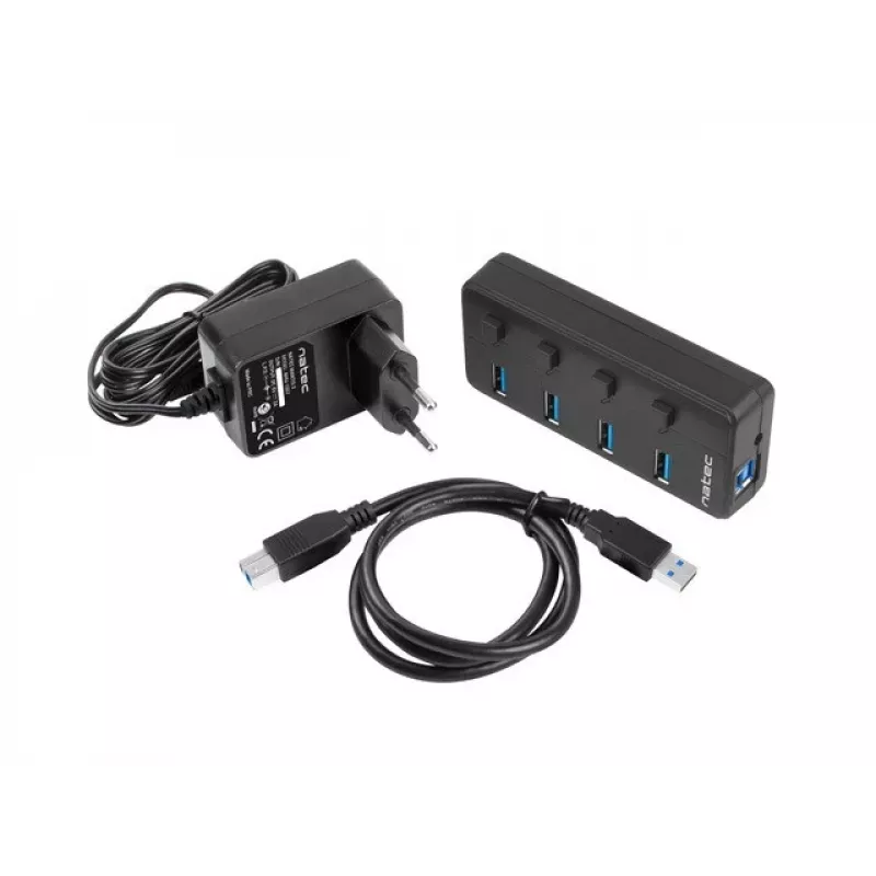 Natec Mantis 2 NHU-1557 usb 3.0-hub met 4 poorten, USB Type-B-ingang, aan/uit-schakelaars, netadapter, zwart