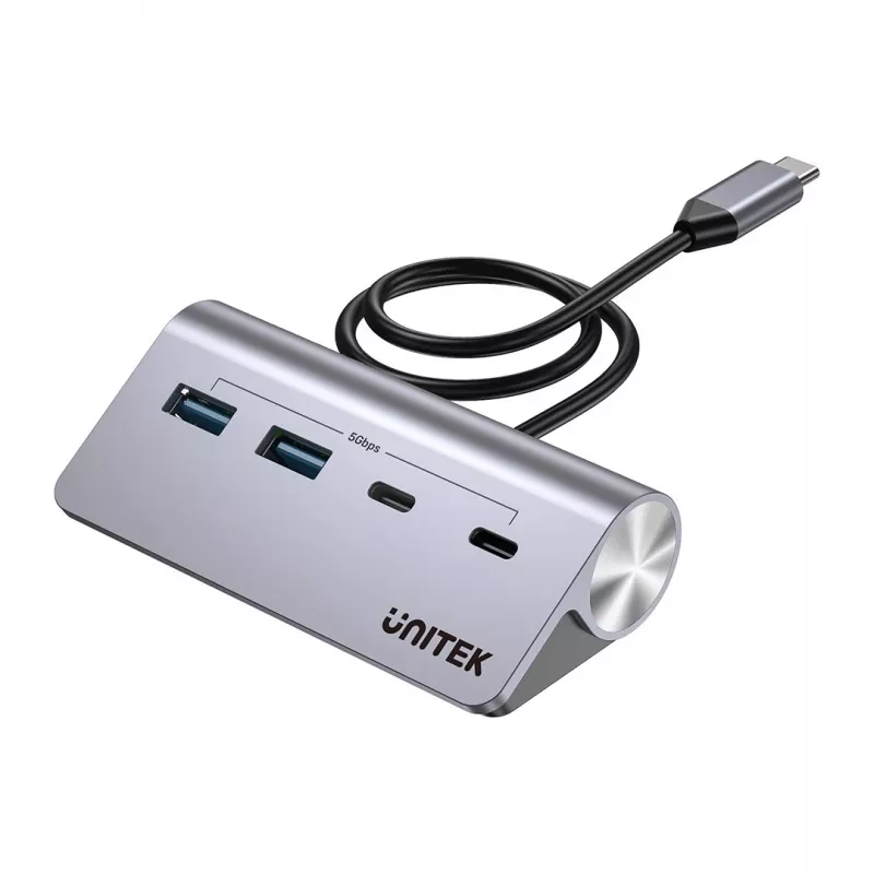 USB-hub Unitek H1337AGY01 – 4 poorten (2×USB-C, 2×USB-A), tot 5 Gbit/s per poort, aluminium, zilver