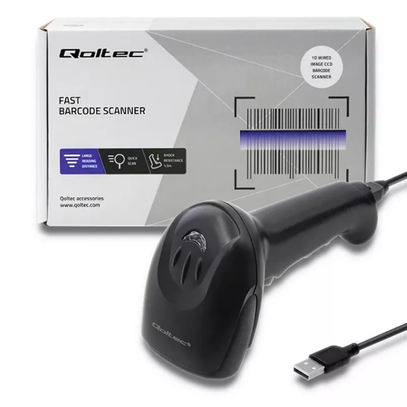 Qoltec 50866 1D CCD laser barcodescanner, USB, zwart