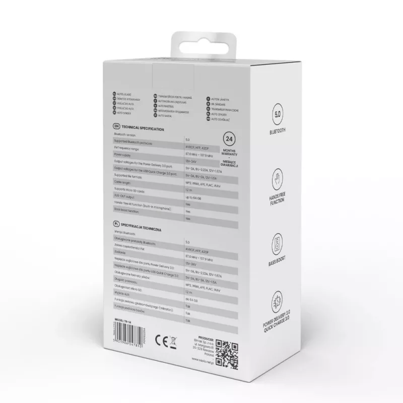 FM-transmitter SAVIO TR-14 Bluetooth USB, FM 87,6–107,9 MHz, MicroSD, USB-C, 12 V autostroom