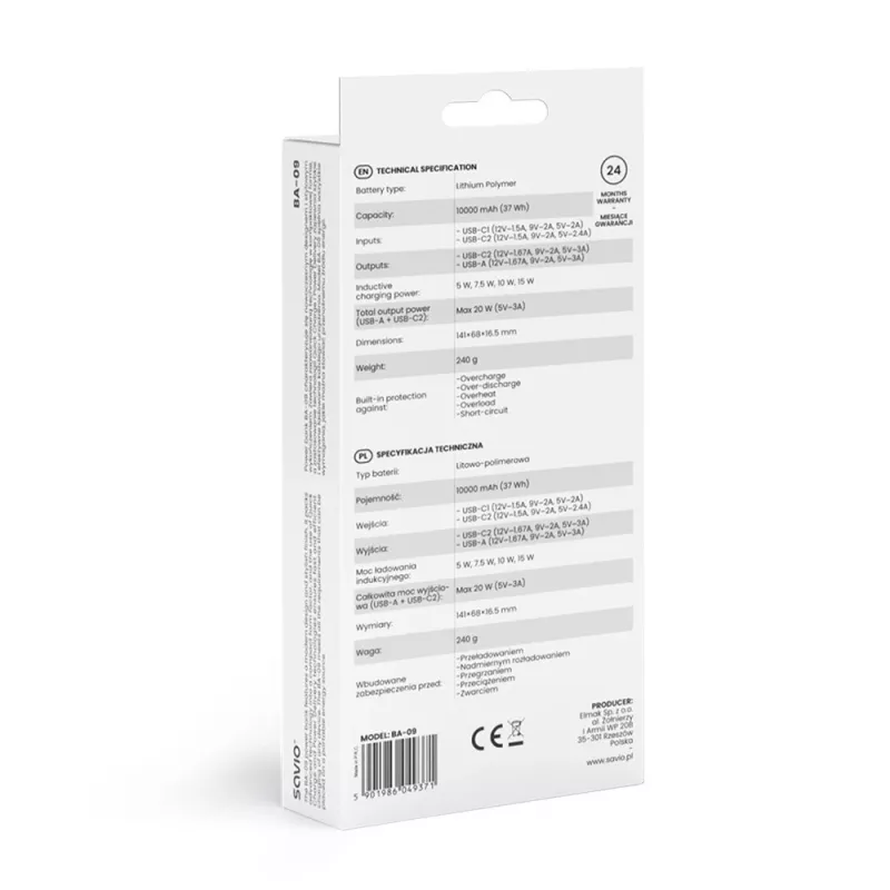 Savio BA-09 draadloze powerbank, 10000 mAh, zwart