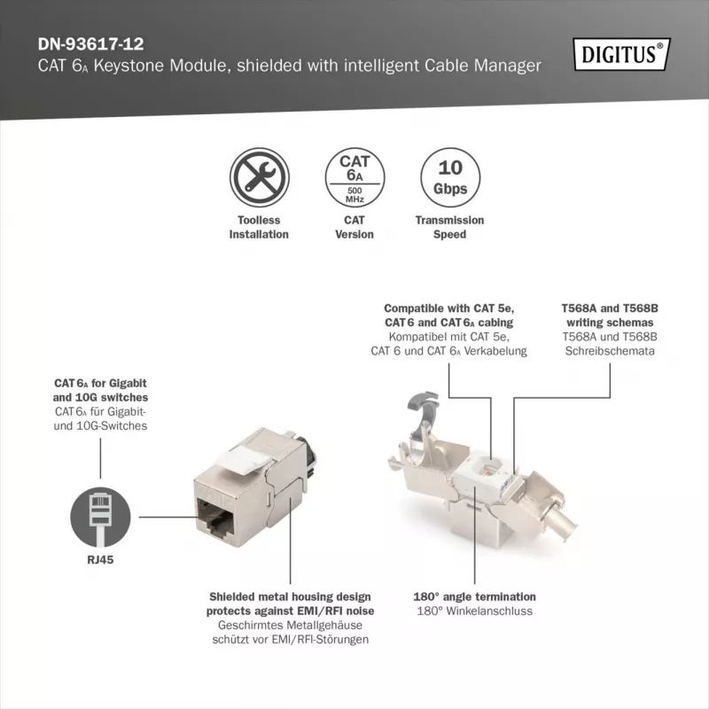 Digitus Cat.6A afgeschermde Keystone-module met intelligente kabelmanager, 12 stuks, zilver