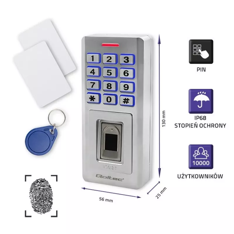 Fingerprint- en RFID-codeslot QOLTEC 52447 met IP68-bescherming