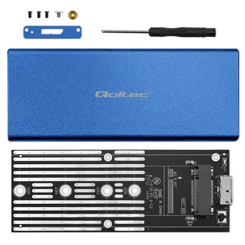 SSD-behuizing QOLTEC 51832 — externe M.2 SATA, USB 3.0, tot 2 TB, blauw, ondersteunt 30 mm drives, 4 slots