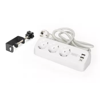 Meervoudig stopcontact DIGITUS 3-voudig met 2×USB-A en 1×USB-C, 3 AC-stopcontacten type E/F, 1,5 m kabel, wit
