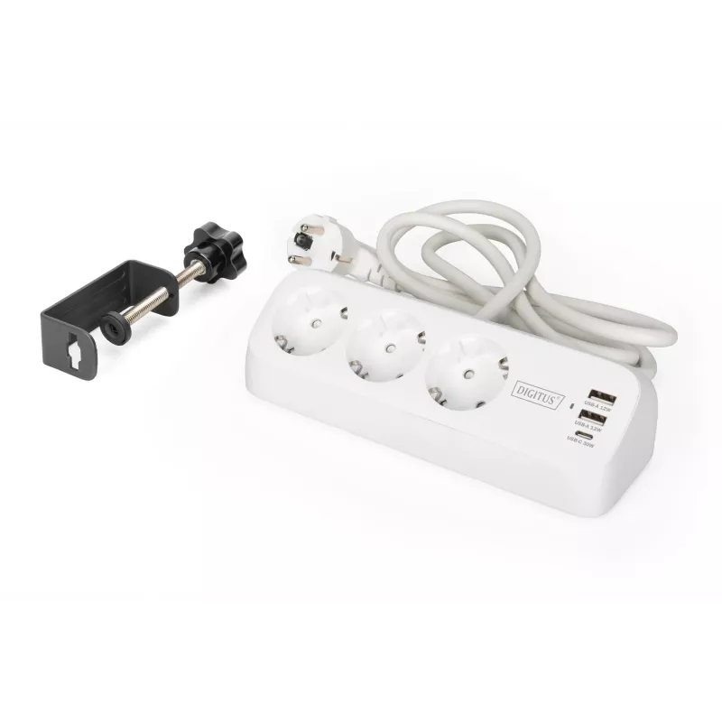 Meervoudig stopcontact DIGITUS 3-voudig met 2×USB-A en 1×USB-C, 3 AC-stopcontacten type E/F, 1,5 m kabel, wit