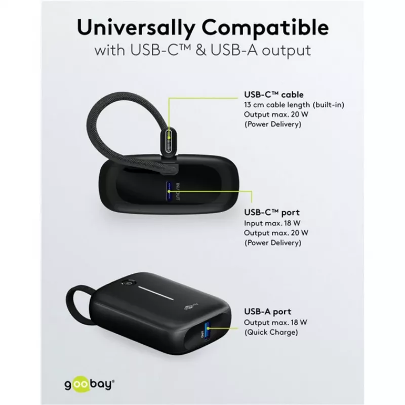 Draagbare powerbank Goobay 10.000 mAh met geïntegreerde USB-C-kabel – 20 W compact voor onderweg (76251)