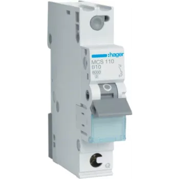 Hager MCS110. Nominale stroom: 10 A. Type: C-karakteristiek, aantal modules (max): 1 module(s). Breedte: 17,5 mm, diepte: 70 mm, hoogte: 83,4 mm (MCS110)