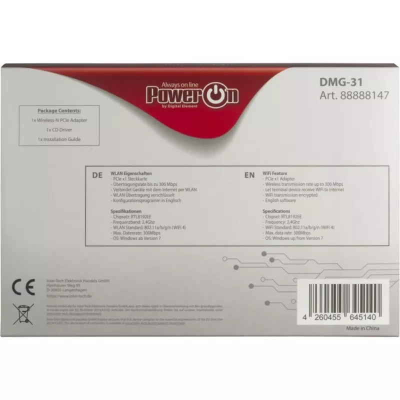 Inter-Tech DMG-31 - inbouw - draadloos - PCI Express - Wi-Fi - Wi-Fi 4 (802.11n) - 300 Mbit/s (88888147)