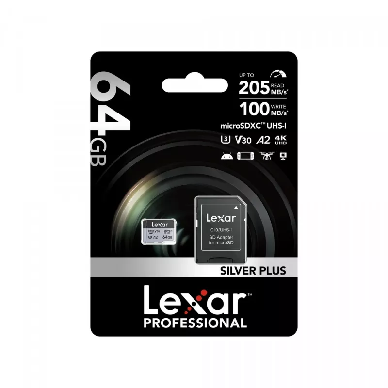 MicroSD-kaart Lexar 64 GB UHS-I klasse 3 SILVER PLUS