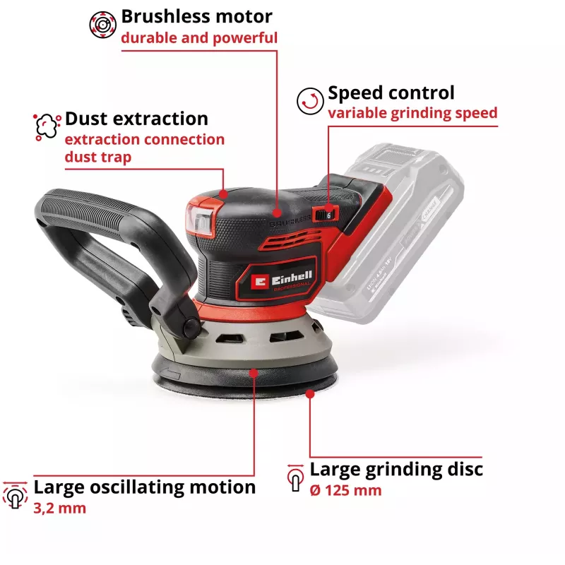 Vloerschuurmachine EINHELL TP‑RS 18/32 Li BL Solo — 24.000 t/min, zwart/rood, 1,11 kg