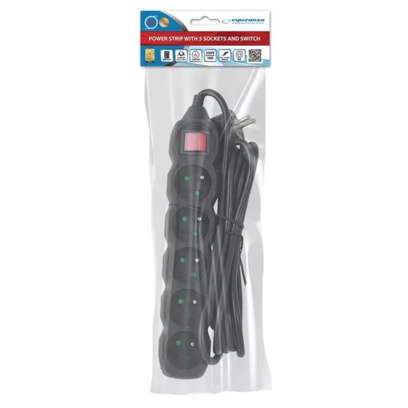 Stroomverlenging ESPERANZA ELK215K – 3 m kabel, 5 Type-E-aardingsstopcontacten, voor binnen, zwart
