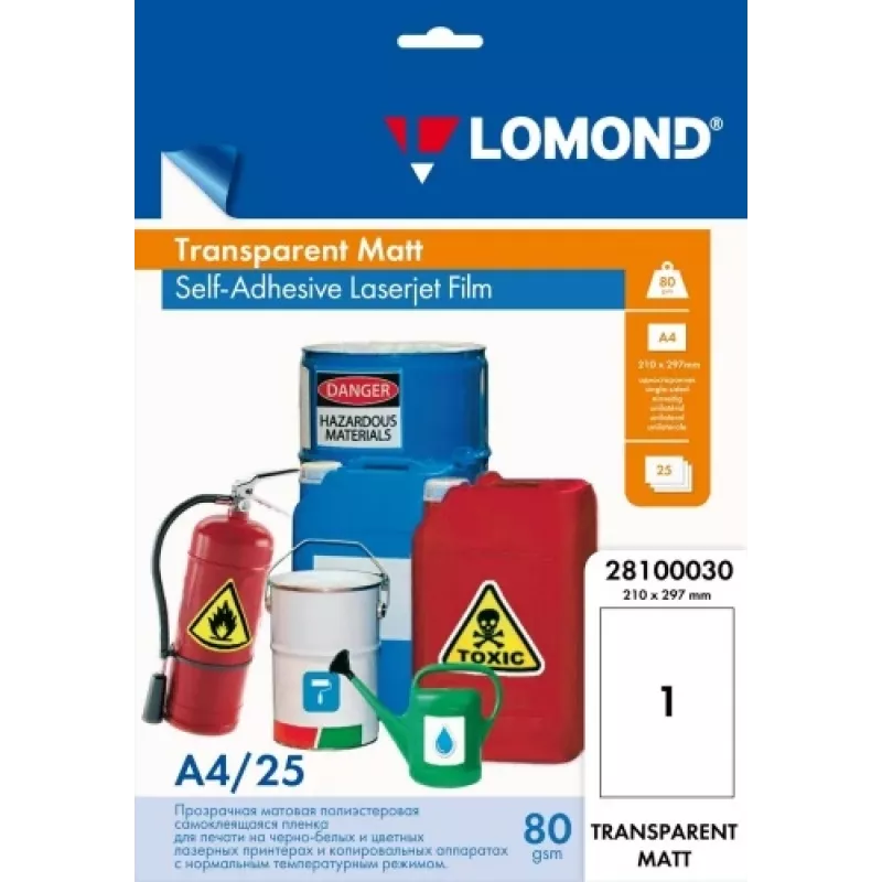 Zelfklevende PET-laserjetfolie Lomond A4 25 vel transparant mat