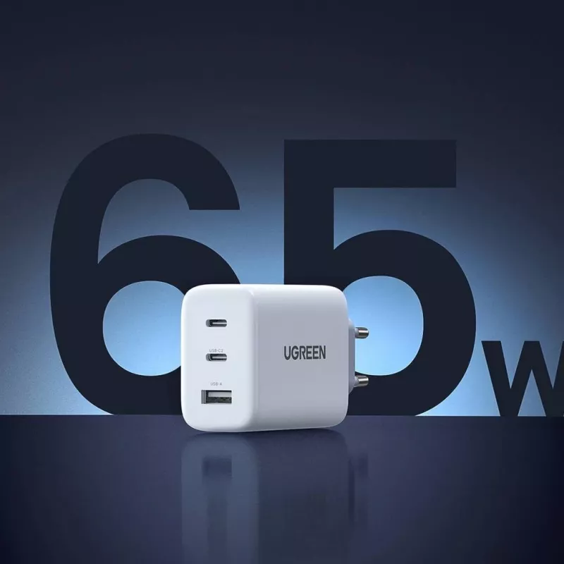Wandlader UGREEN CD275 2× USB Type-C 65W wit — dual-USB-C 65W snelladen, 100–240V ingang