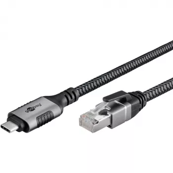 Ethernet-kabel USB-C 3.2 Gen2 stekker > RJ-45 stekker, LAN-adapter zwart/zilver, 1,5 meter, gevlochten textielommanteling