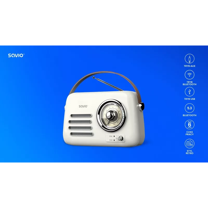 Draagbare radio SAVIO RS-02 — analoge FM-tuner, Bluetooth 5.3, USB-voeding, 3 W, wit