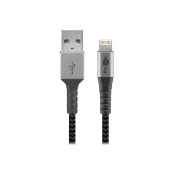 USB-A-naar-Lightning-kabel GOOBAY 2 m, textielmantel, 3,3 mm diameter, spacegrijs/zilver
