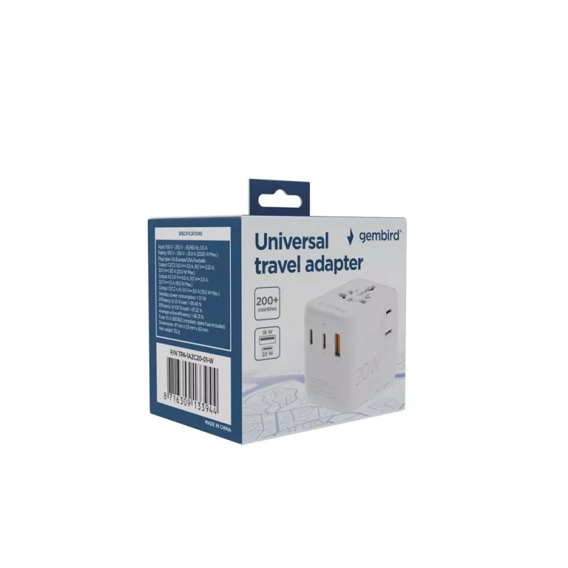 Reisvoeding GEMBIRD TPA-1A2C20-01-W — 20 W, USB-A (18 W) + 2× USB-C (20 W), stekker type E, wit
