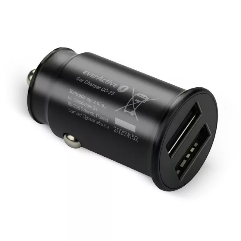 Auto-oplader everActive CC-25 — 2x USB-aansluitingen, 12W totaalvermogen, 12V–24V voertuigstroom