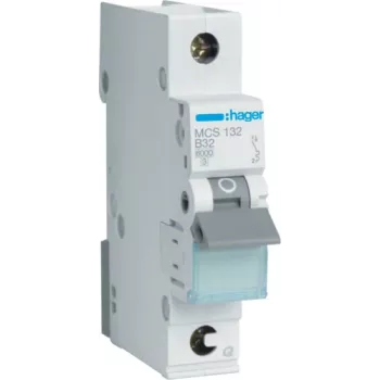 Hager MCS132. Nominale stroom: 32 A. Type: C-karakteristiek, aantal modules (max.): 1 module(s). Breedte: 17,5 mm, diepte: 70 mm, hoogte: 83,4 mm (MCS132)