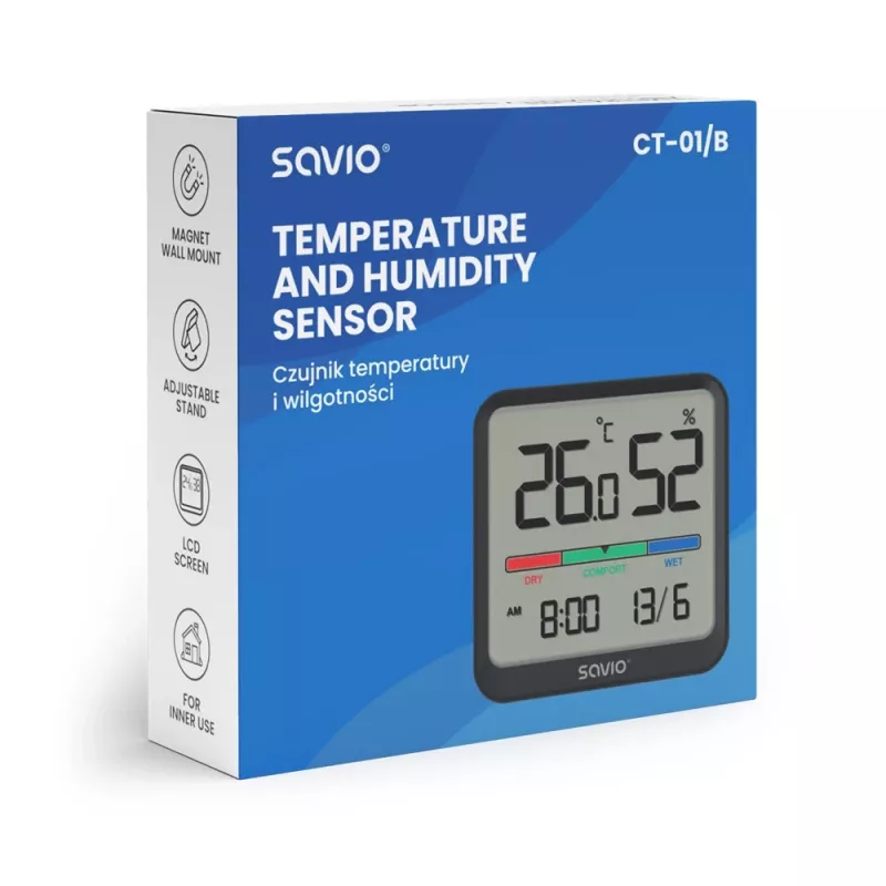 Savio CT-01/B draadloze temperatuur- en vochtigheidssensor voor binnen, LCD, klok, datum, magnetische houder, zwart