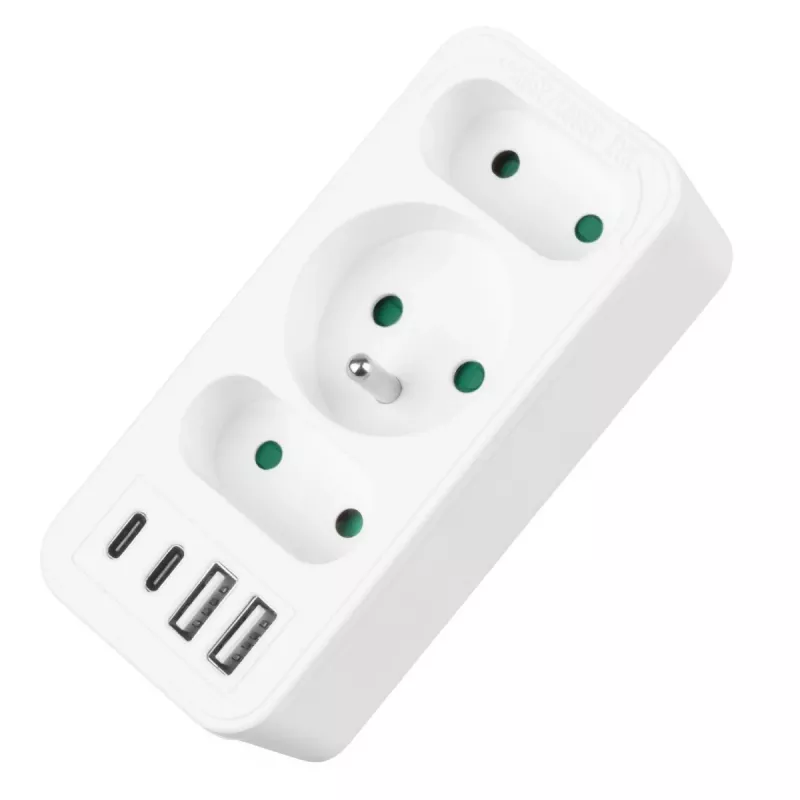 Power splitter MACLEAN MCE248 F/W — 3 AC-stopcontacten (1×16A, 2×6A) + 4×USB (2×A, 2×C PD 20W), EU-stekker, wit