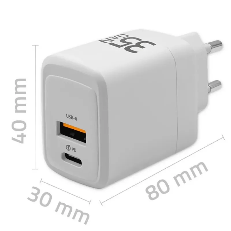 Oplader QOLTEC 51824 GaN 35W USB-C PD & USB QC 3.0, 5–20V, 1x USB-C, 1x USB-A