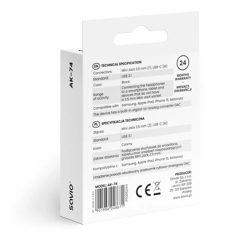Audio-adapter USB-C jack 3,5mm AK-74