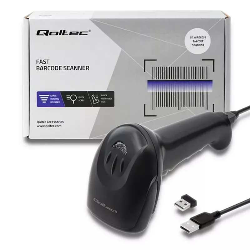 Handbarcodescanner QOLTEC 50868 — 1D/2D-laserscanner, USB bekabeld & draadloos, werkafstand 600 mm, zwart