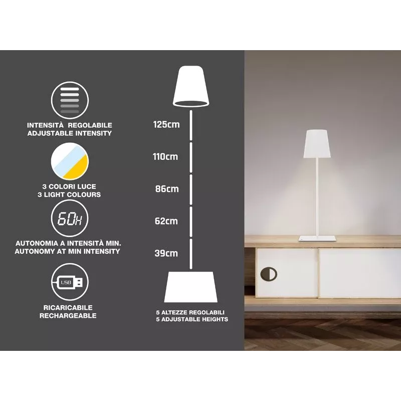 Beper P201UTP404 oplaadbare LED-vloerlamp, in hoogte verstelbaar, 2,5 W, dimbaar, metaal, wit