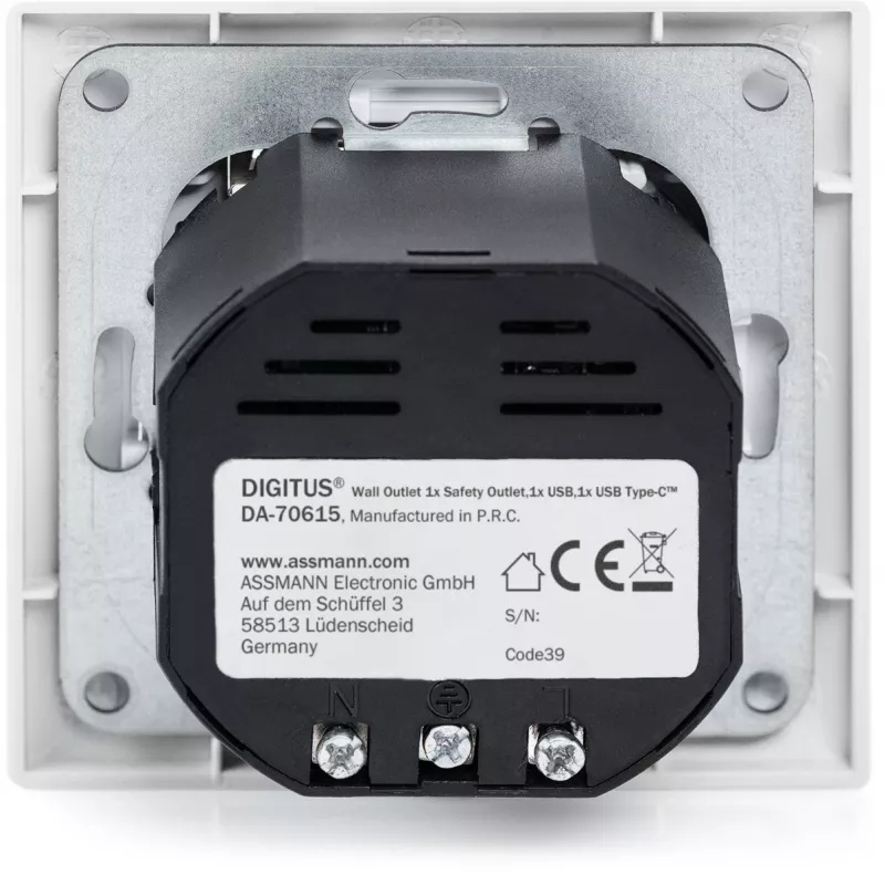 DIGITUS DA-70615 - stopcontactdoos - 2P+E - type F, USB, USB Type-C - met sluiting - 1 stopcontact, 2 USB-aansluitingen - 2.8 A - wit, RAL 9003