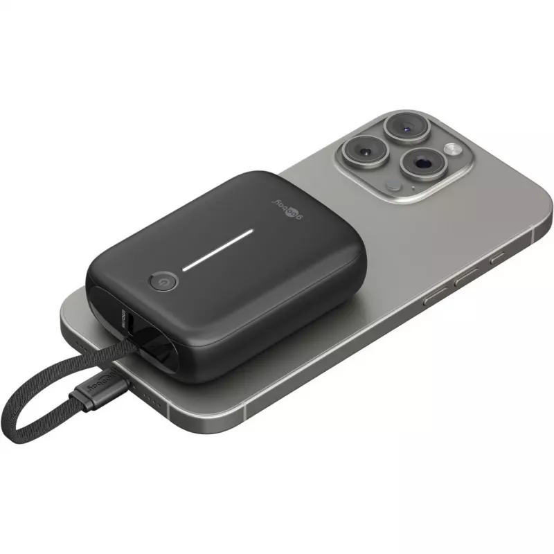 Draagbare powerbank Goobay 10.000 mAh met geïntegreerde USB-C-kabel – 20 W compact voor onderweg (76251)