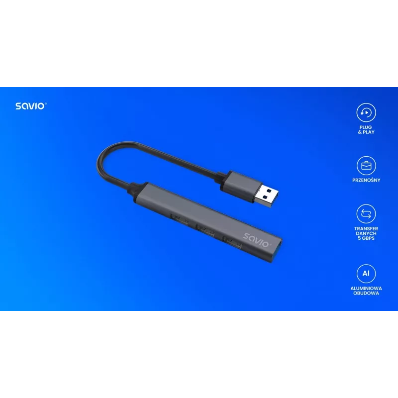 Savio AK-70 USB-A-hub, 4-in-1: 3 x USB-A 2.0 + 1 x USB-A 3.1 Gen 1, 5 Gbps
