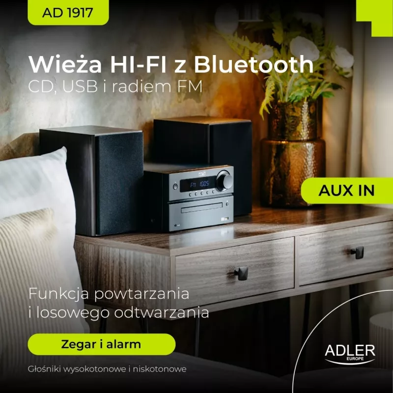 Mini hifi-stereosysteem Adler AD 1917 — Bluetooth V5.3, cd/usb/mp3, 2×25 W RMS, FM-tuner, 4-bands equalizer, AUX, zwart