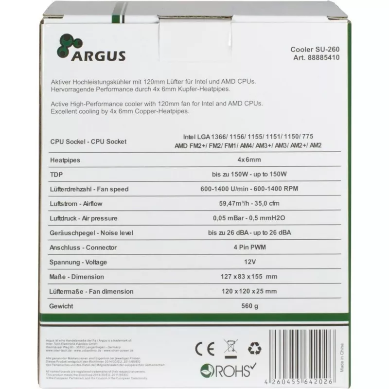 Inter-Tech Argus SU-260 - processor - koeler - 12 cm - LGA 1150 (socket H3) - LGA 1151 (socket H4) - LGA 1155 (socket H2) - LGA 1156 (socket H) - LGA 775... - AMD A - Intel® Celero