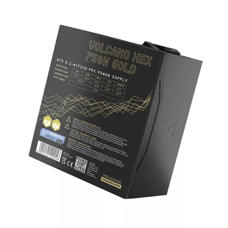 Voeding MODECOM VOLCANO HEX GOLD 750W, 80 PLUS Gold, ATX 3.1, modulair, 14 cm ventilator