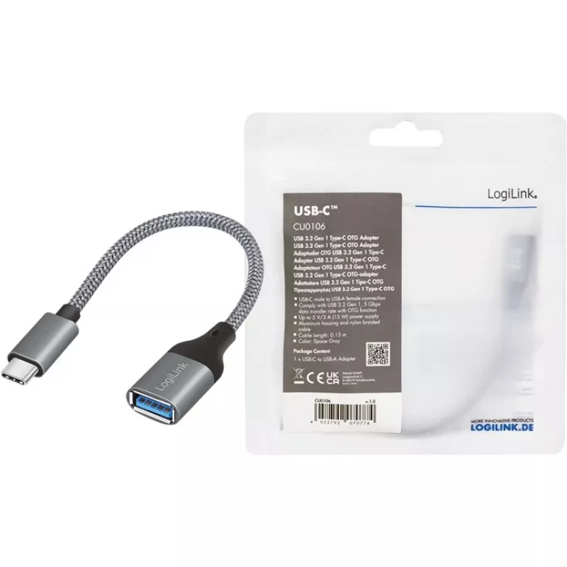 LogiLink USB 3.2 Gen1 Type-C-adapter C/M naar USB-A/F OTG aluminium 0,15 m