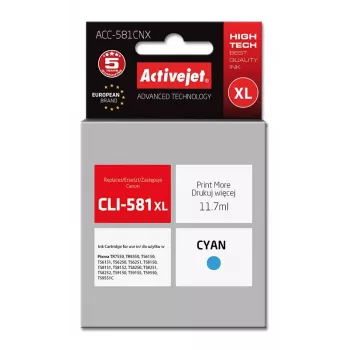 Activejet ACC-581CNX inktpatroon (vervanger voor Canon CLI-581XLC; Supreme; 11,70 ml; cyaan)