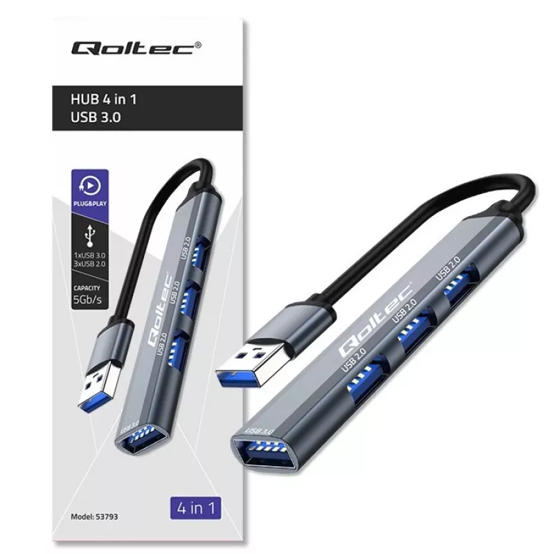 USB-hub QOLTEC 53793 — USB 3.0 ingang, 3× USB 2.0 aansluitingen