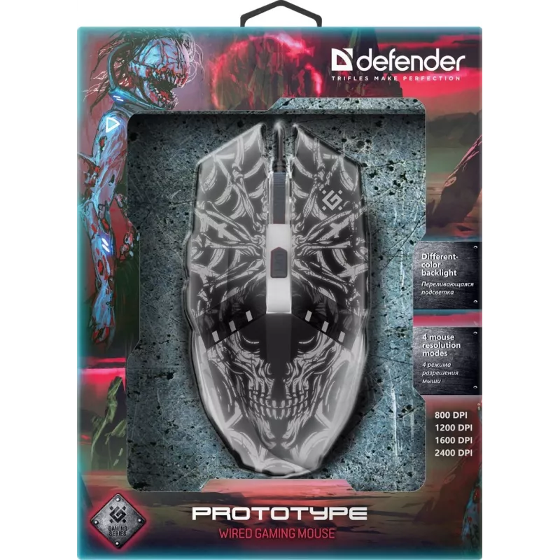 Defender PROTOTYPE GM-670L gamingmuis, optisch, 2400 DPI, bedraad USB, ambidextrous, verlicht, zwart