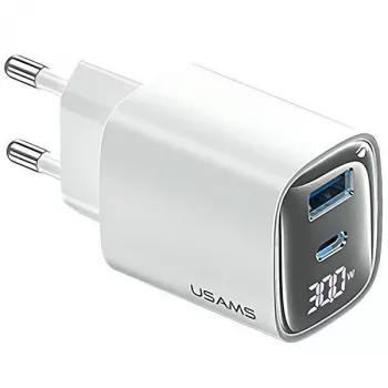 USB- en USB-C 30W GaN-snellader usams CC229 wit — LED-indicator, compact ontwerp