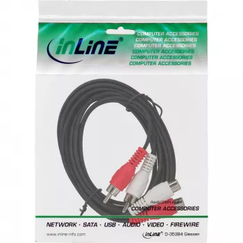 InLine audiokabel 2x RCA stekker / bus 20m, 2 x RCA, stekker, 2 x RCA, bus, 20 m, zwart